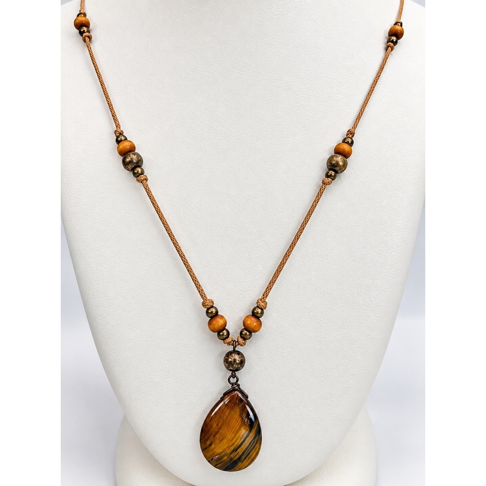 Tiger Eye Pendant Necklace Womens OS Brown Good Boho Beaded Cord